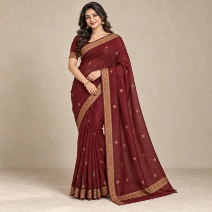 ডেমো রক্তিমা মেরুন বর্ডার শাড়ি — সামনের দৃশ্য